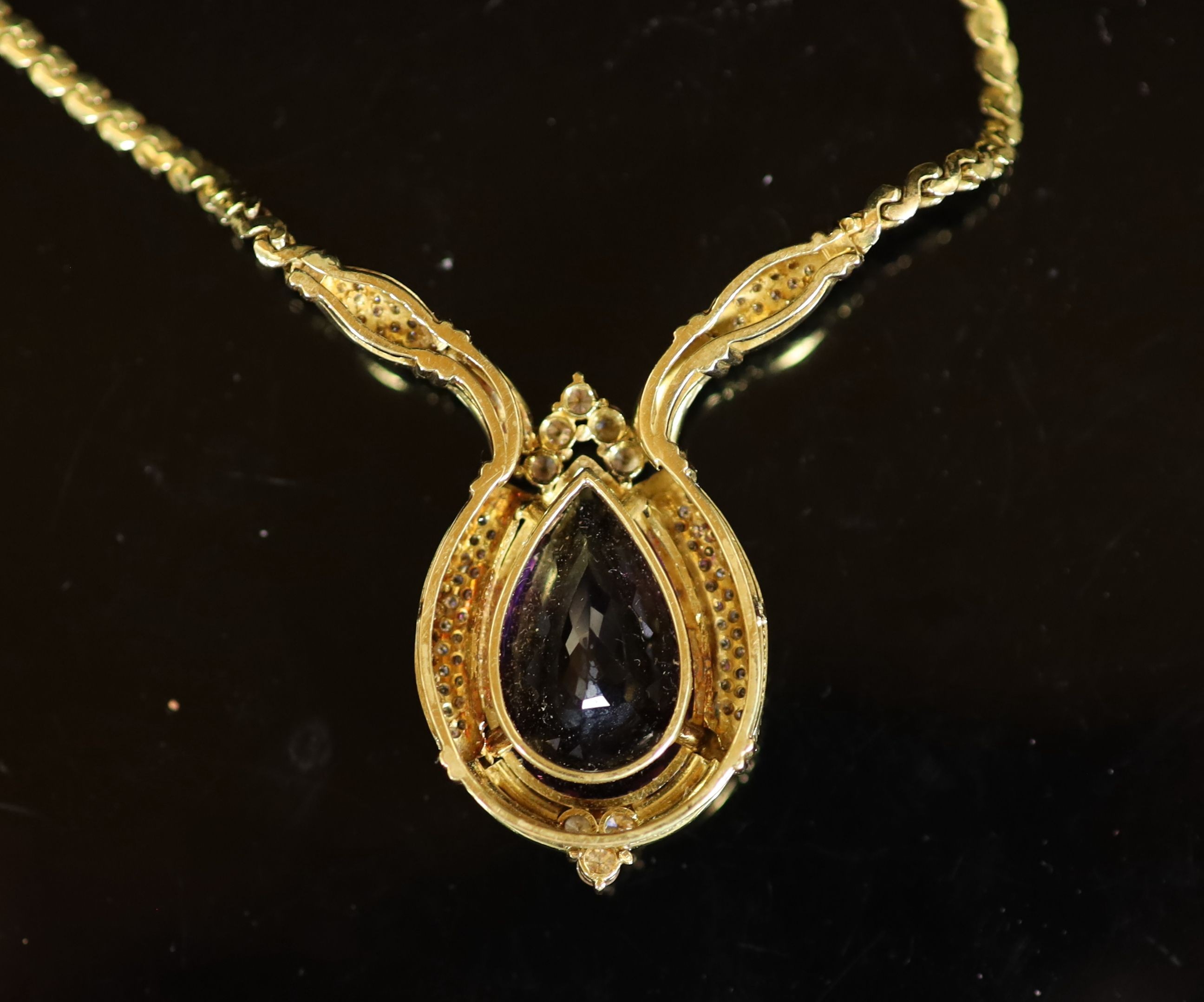 A French Boucheron gold, pear shaped amethyst and diamond cluster set pendant necklace